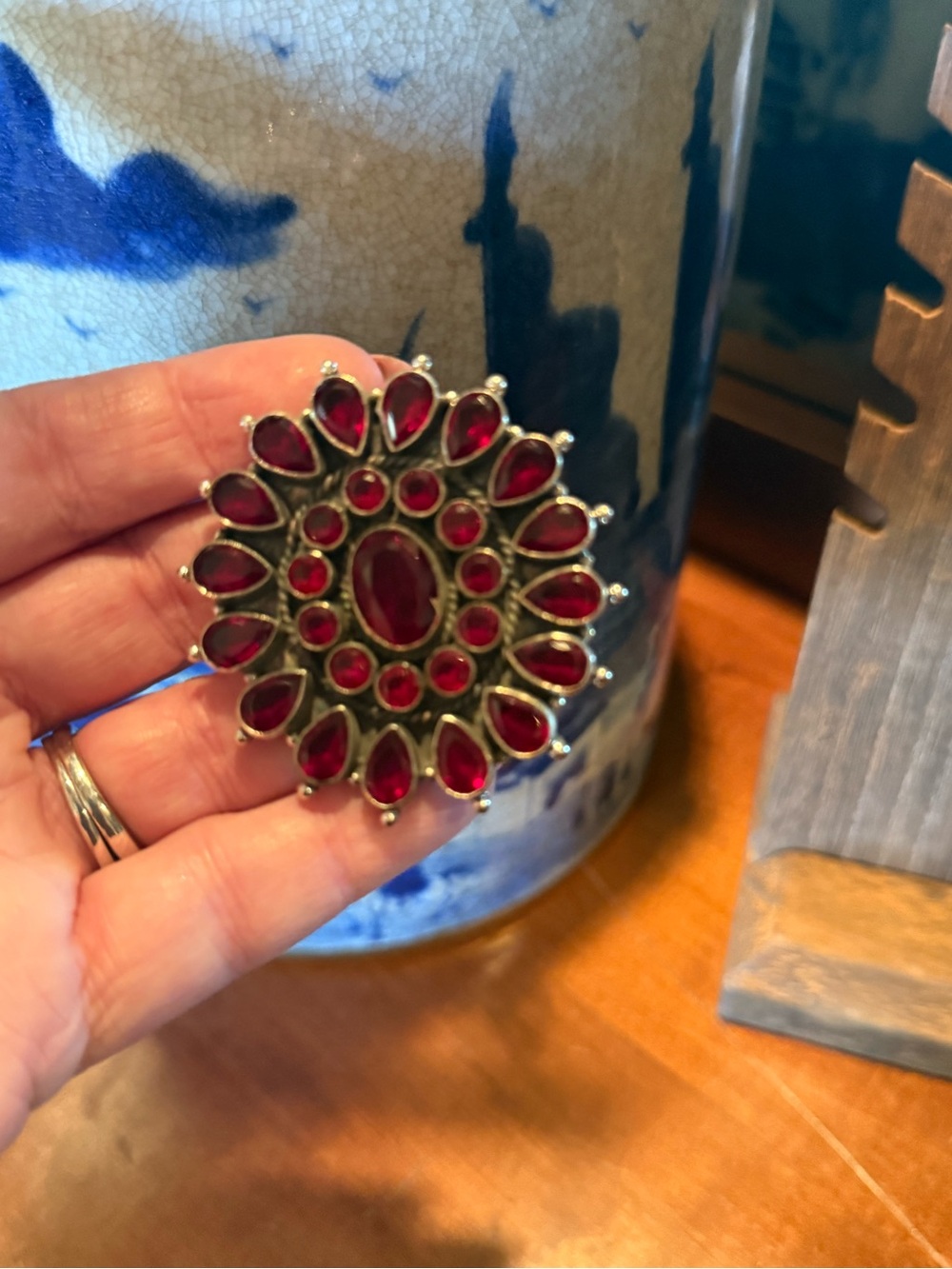 Handmade Garnet Statement Ring: Sterling Silver marked 925 Size 8